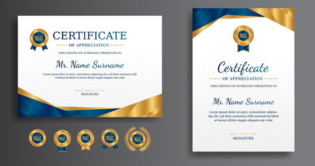 Premium gold and blue certificate of appreciation template, clean modern design with gold badge - obrazy, fototapety, plakaty