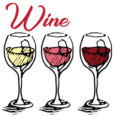 Vector illustration of white, red and rose wine in glass set with lettering