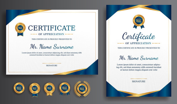 Premium gold and blue certificate of appreciation template, clean modern design with gold badge