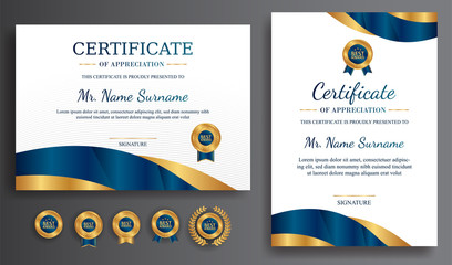 Premium gold and blue certificate of appreciation template, clean modern design with gold badge