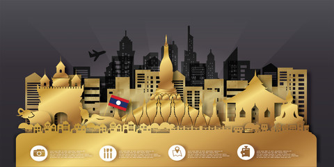 Travel Laos panorama postcard, poster, tour advertising of world famous landmarks in paper cut style. Vectors illustrations