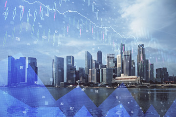 Forex chart on cityscape with tall buildings background multi exposure. Financial research concept.