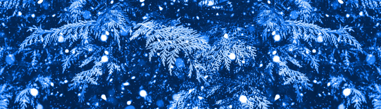 Snow fall in winter forest christmas banner background. Trendy classic blue color of 2020 gradient.