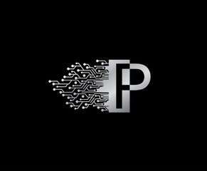 Digital Network  P Letter Logo Icon, Metal P Line Connection Data Design. - obrazy, fototapety, plakaty