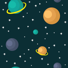 Obraz na płótnie Canvas Seamless pattern with planets and stars for textile, paper, website. Vector flat illustration on the dark blue background. 