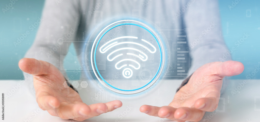 Poster businessman holding wifi icon with stats and binary code 3d rendering