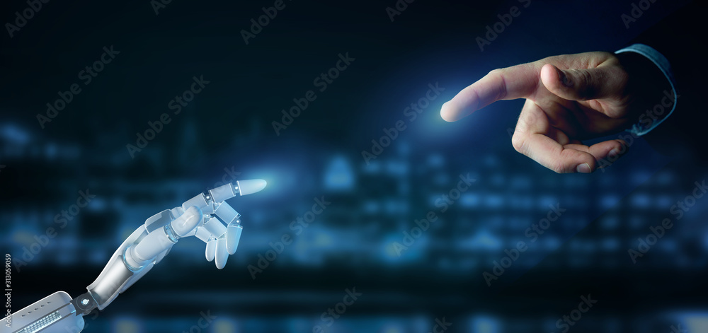 Poster cyborg robot hand on a city background 3d rendering