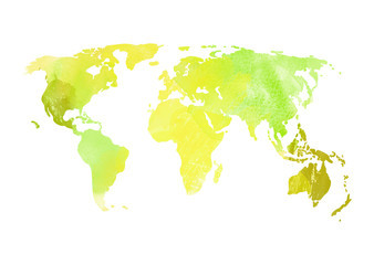 Yellow Olive green World map illustration Watercolor stains texture