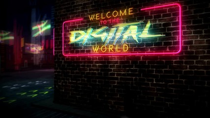 Digital world hologram and neon. Futuristic cyberpunk style animation. Modern abstract art 3d rendering intro with glitch effect. Sci-fi, Virtual space, science and cyber city concept. - Powered by Adobe