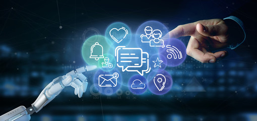 Cyborg holding a cloud of social media network icon