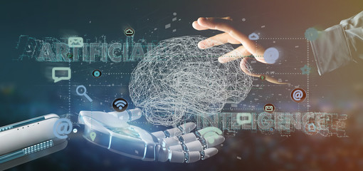Cyborg hand holding a artificial intelligence concpt with a brain and app 3d rendering