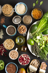 Set of vegetables, herbs, cereals and seeds for a healthy diet. Gluten free diet. Vegetarian kitchen.