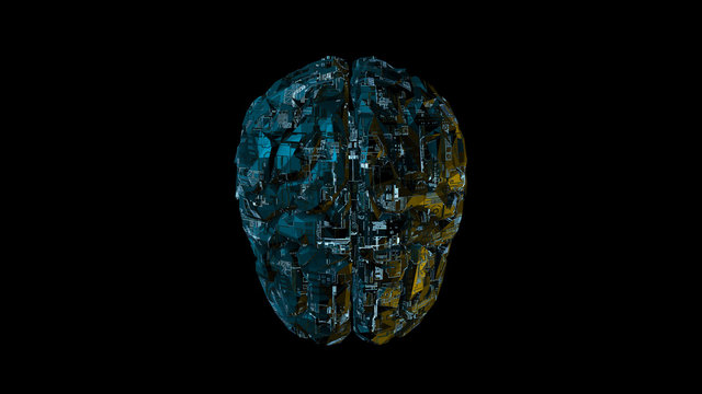 Biomechanical computer brain - glowing blue machine mind 3D render - top view