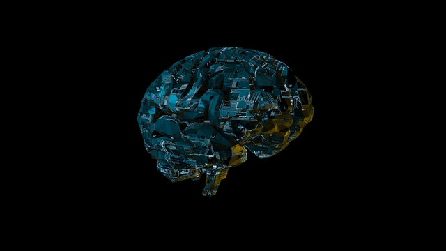 Biomechanical computer brain - glowing blue machine mind 3D render - angle view