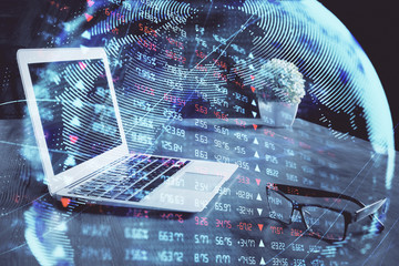 Multi exposure of business theme icons and work space with computer background. Concept of success.