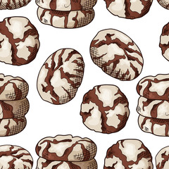 Natural food seamless pattern. Sketch style cookies on white background. Different sweet and baked elements. Vector illustraation