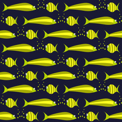 Seamless pattern with big and small fish in sea. Vector illustration. Nautical theme with cartoon drawings, navy blue background, goldfish.