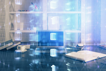 Technology theme drawing and work space with computer. Multi exposure. Concept of innovation.