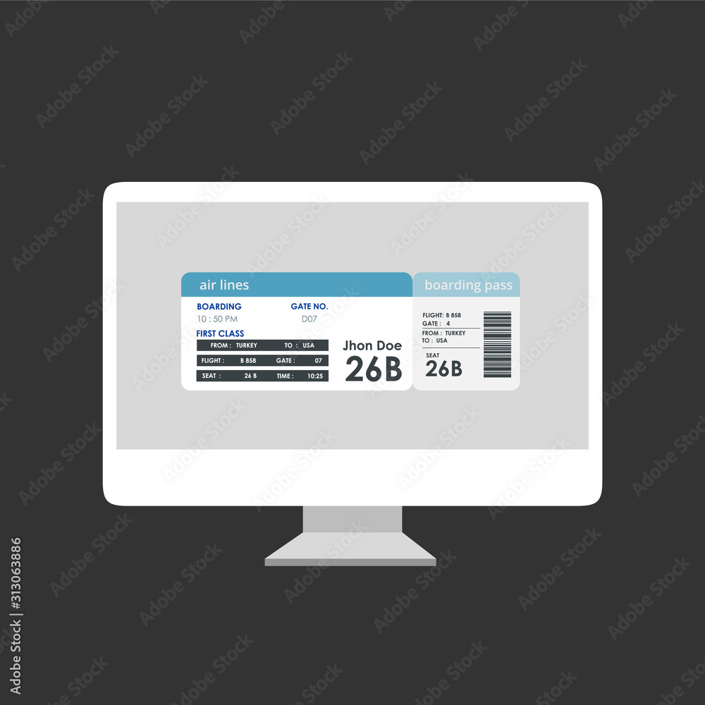 Poster online check-in with printed boarding pass on monitor screen isolated over black background. illustr