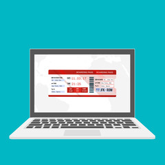 Laptop with electronic boarding pass airline ticket icon isolated on blue background. Passenger plane mobile ticket for web and app. Illustration
