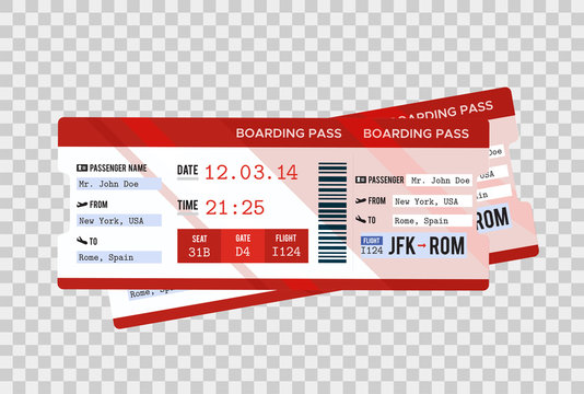 Traveling by plane. Airline boarding pass ticket tear-off element set, isolated on transparent background. Vector illustration. 