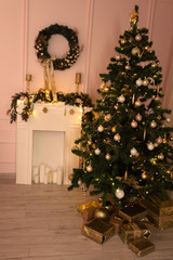 Beautiful holdiay decorated room with Christmas tree