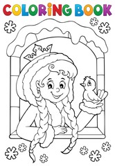 Coloring book princess in winter window