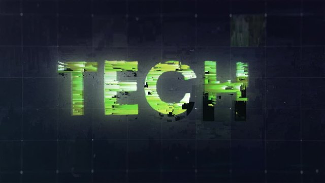 Digital glitch title words Tech, Technology with noise and grain effects on a dark background with small elements. Graphic animation in 4k for explainer, startup, investment, kickstarter videos