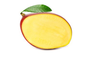 mango with slices and green leaves isolated on white background. healthy food