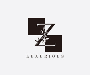 Z Letter Luxury Vintage Logo. Minimalist Z With Classic Leaves and Suquare Shape design perfect for fashion, Jewelry, Beauty Salon, Cosmetics, Spa, Hotel and Restaurant Logo. 