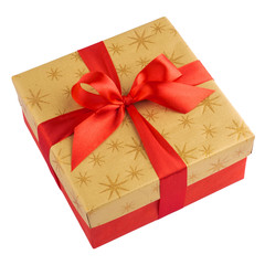 Red gift or present box with golden colored top and red ribbon bow isolated on white background, top view, for sales, birthday, mother day or christmas