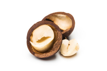 Fototapeta na wymiar Raw not peeled whole macadamia nuts with shelled kernels isolated on white. Macro view. Healthy food. Protein source.