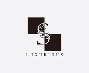 S Letter Luxury Vintage Logo. Minimalist S With Classic Leaves and Suquare Shape design perfect for fashion, Jewelry, Beauty Salon, Cosmetics, Spa, Hotel and Restaurant Logo. 