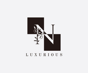 N Letter Luxury Vintage Logo. Minimalist N With Classic Leaves and Suquare Shape design perfect for fashion, Jewelry, Beauty Salon, Cosmetics, Spa, Hotel and Restaurant Logo. 