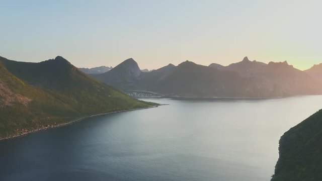 Aerial view above fjord mountains landscape in Norway Travel destinations Senja island nature sunset drone scenery