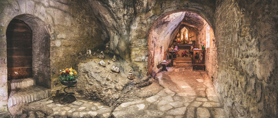 cavern church of Santa Maria Infra Saxa in the Frassassi and Valadier temple area - Marche region -...