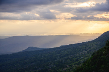 Sunset at Loei Province, Phu Kradueng National Park Thailand. Landscape view from mountain.