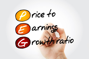 PEG - Price to Earnings Growth ratio acronym with marker, business concept background