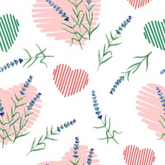 SEAMLESS WATERCOLOR PATTERN WITH LAVENDER TWIGS AND HEARTS