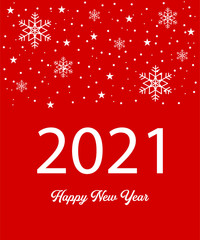 Fototapeta na wymiar Happy New Year 2021 greeting card, invitation card with white snowflakes on red isolated background