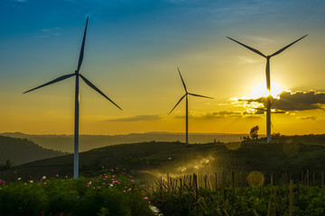 Obraz premium Wind turbine farm from clean energy. Wind power for electricity.