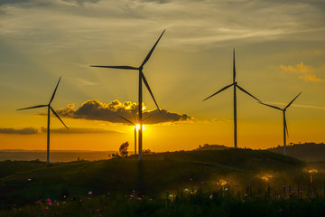 Fototapeta premium Wind turbine farm from clean energy. Wind power for electricity.