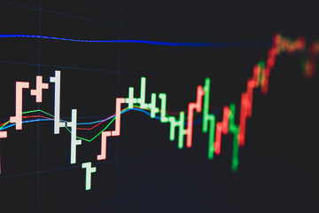 Obraz premium Stock market trading graph and candlestick chart on screen for businese financial investment concept. Economy trends background. Abstract finance and invest background.