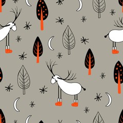 Reindeer. An animal with horns. Illustration in folk style. Stylized mountains. Scandinavian print. Seamless pattern for kids..