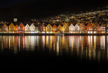 Bergen, Norway - november 2019. Bergen at night - Bryggen - most visited tourist attraction in...