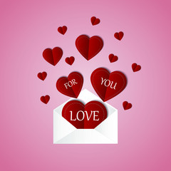 Valentine with paper red hearts fly out of the envelope on a pink background. Love vector symbols for happy Valentine's day greeting card design.