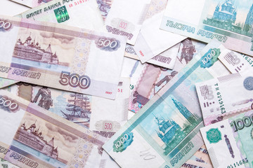 Russian ruble. Russian currency closeup in the form of texture.