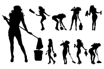 Fototapeta premium Vector silhouette of collection of cleaning lady with different tools on white background. Symbol of girl, house, work.