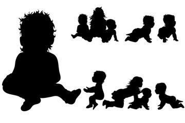 Vector silhouette of collection of children in different pose on white background. Symbol of child, toddler, friends, nursery, childhood, family.