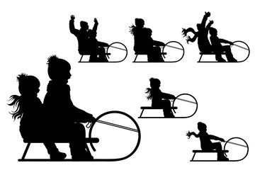 Vector silhouette of people who sledding on white background. Symbol of winter, child, boy, sledge, girl, friends, season, snow, cold, Christmas, frost.